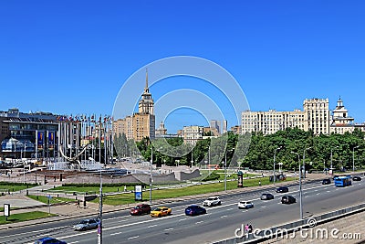 Moscow, Russia â€“ May 25, 2018: Berezhkovskaya Embankment of the Moscow River and Europe Square Editorial Stock Photo